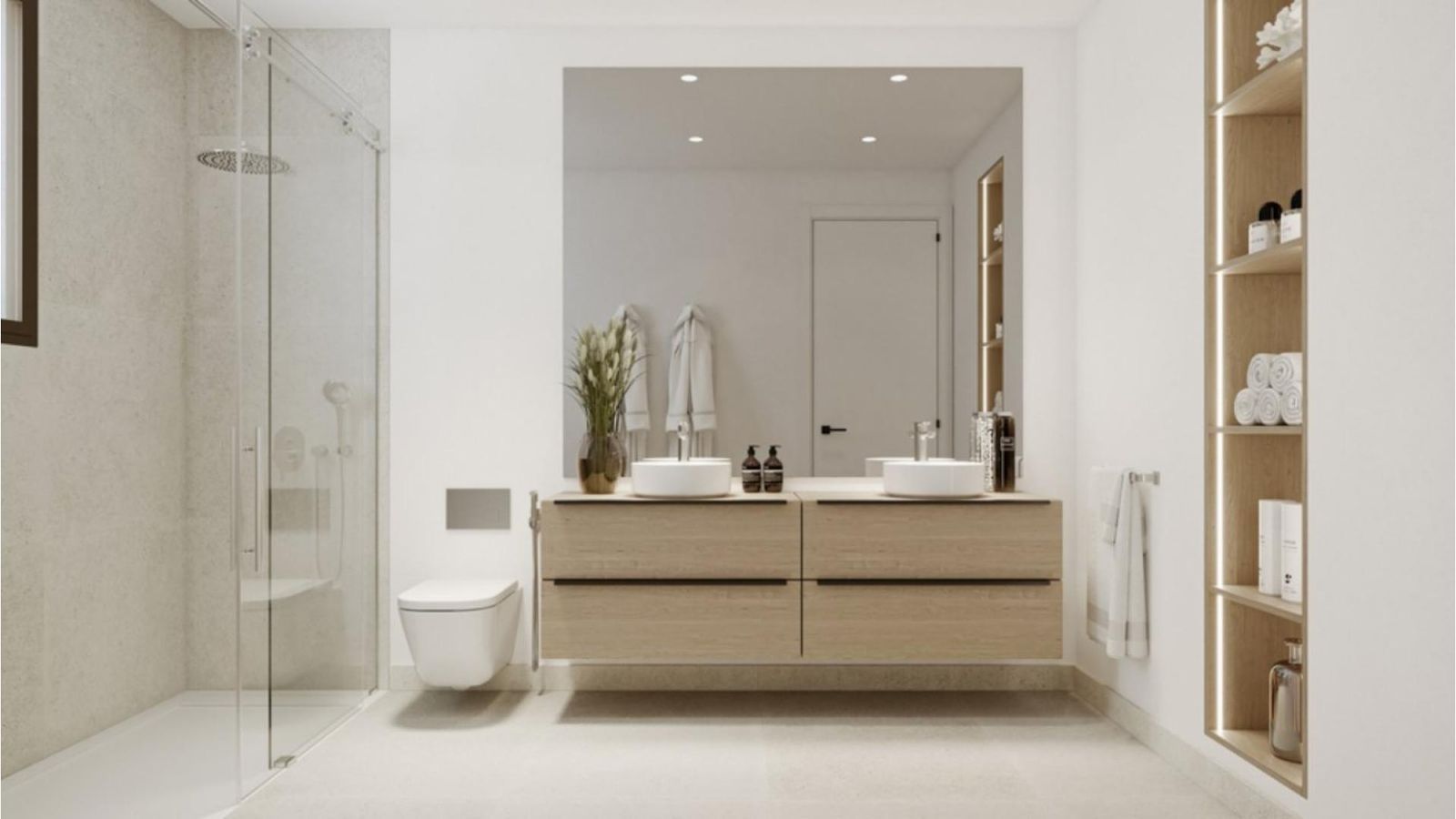 Nowoczesna łazienka z minimalistycznym wystrojem i drewnianą szafką pod umywalkę.