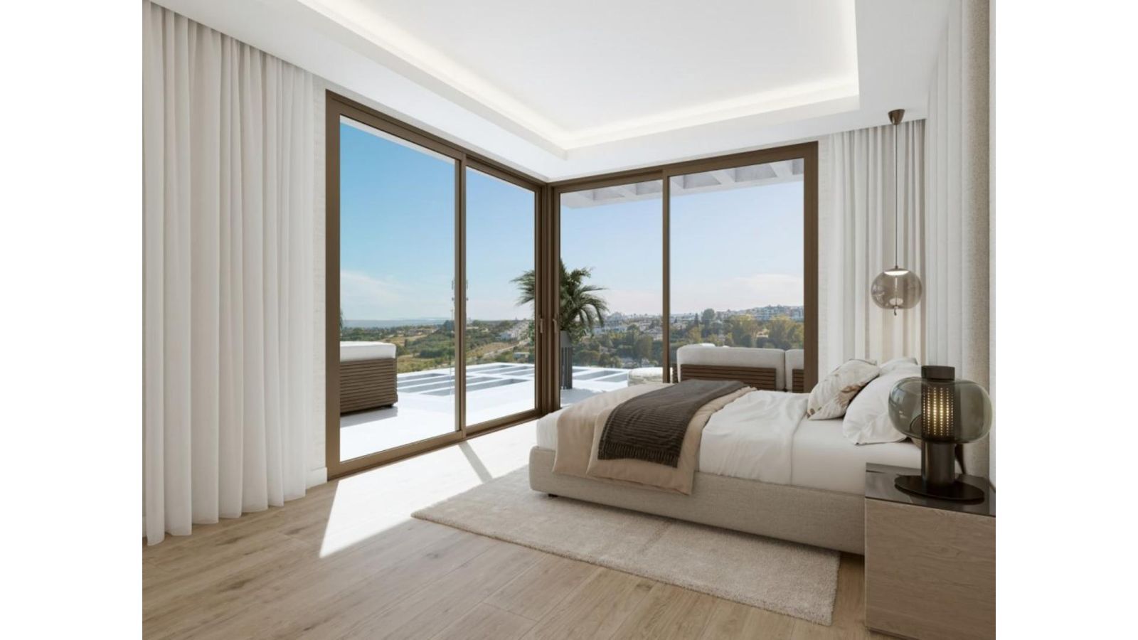 Nowoczesna sypialnia z balkonem i widokiem