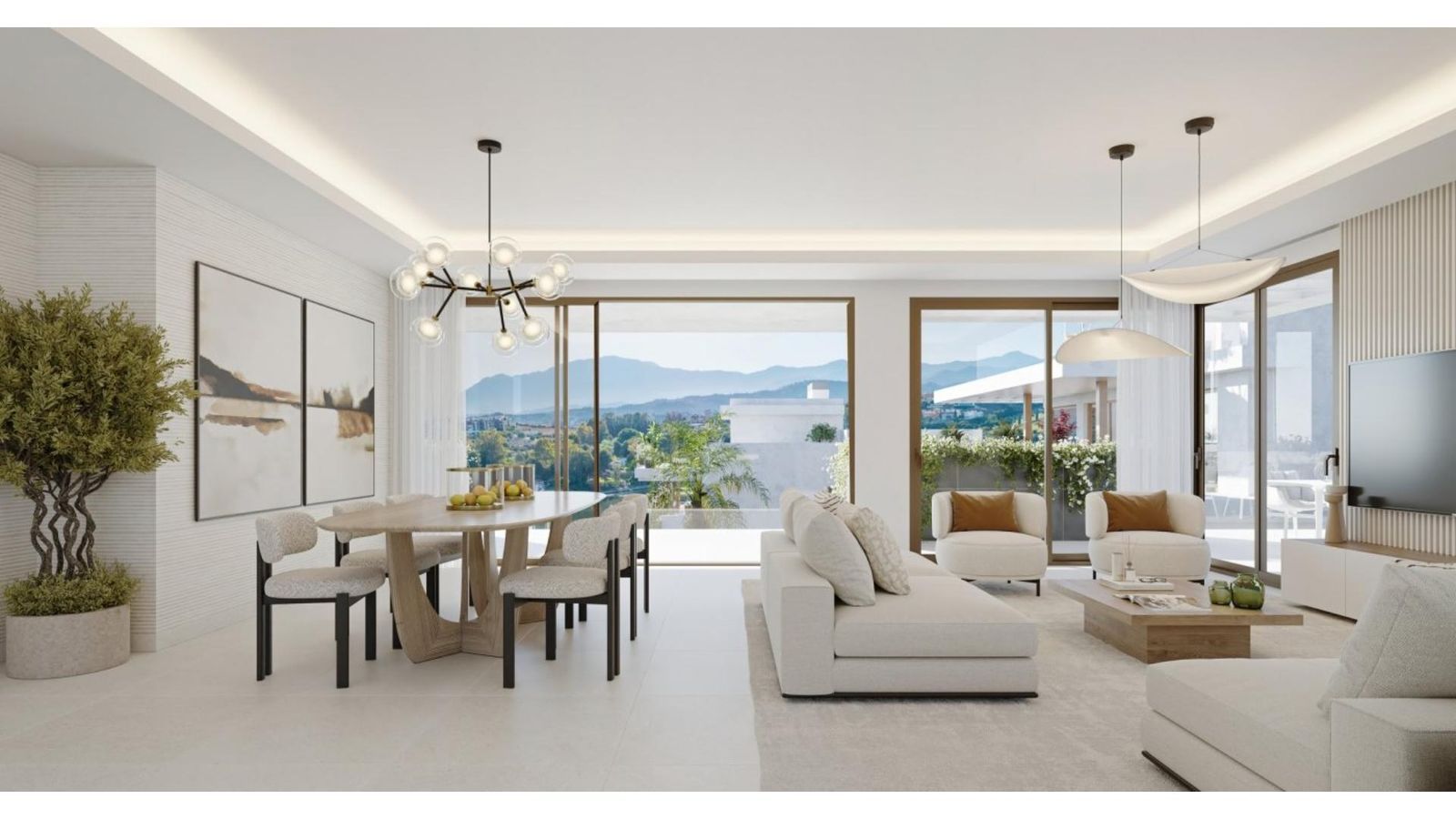 Salón y comedor modernos y luminosos con vistas
